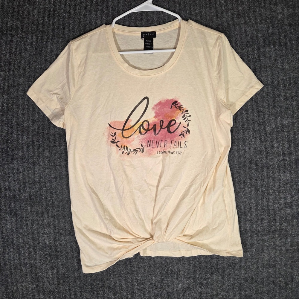 Joei & i Love Never Fails Christian Graphic Tee Shirt Womens Large Cream Twist